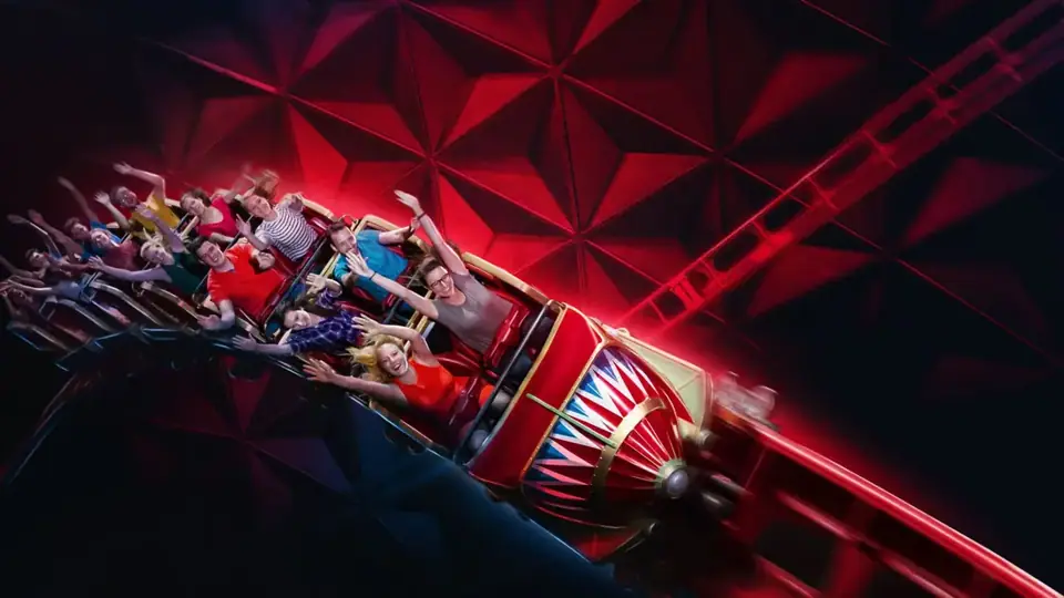 Eurosat CanCan Coaster train inside the red dome at Europa-Park