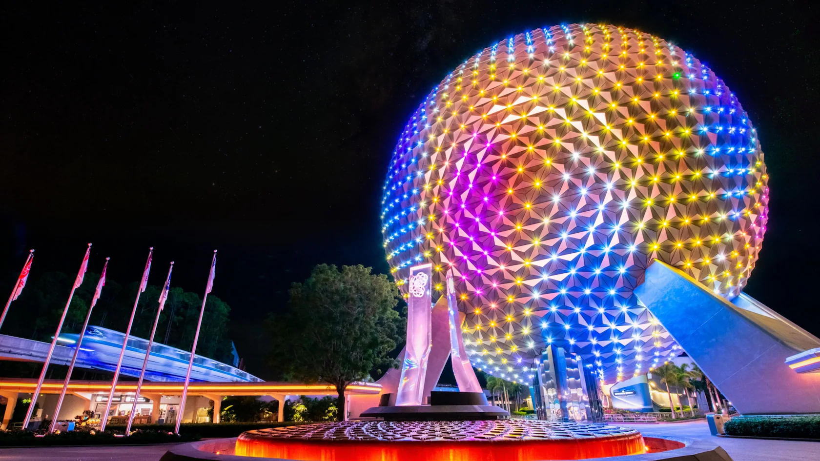 Spaceship Earth illuminated at night — EPCOT in Bay Lake, Florida