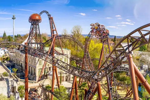 Voltron Nevera roller coaster seen from above — Europa-Park in Rust, Baden-Württemberg