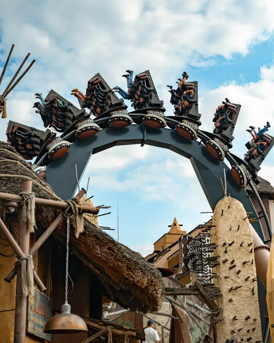 Black Mamba inverted coaster over Deep in Africa — Phantasialand in Brühl, North Rhine-Westphalia