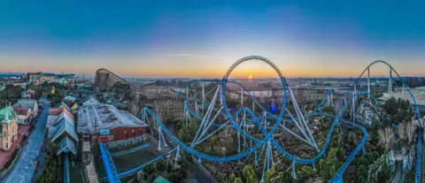 Sunrise panorama over Blue Fire and Wodan at Europa-Park