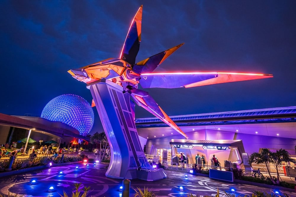 Guardians of the Galaxy: Cosmic Rewind entrance at dusk — EPCOT in Bay Lake, Florida