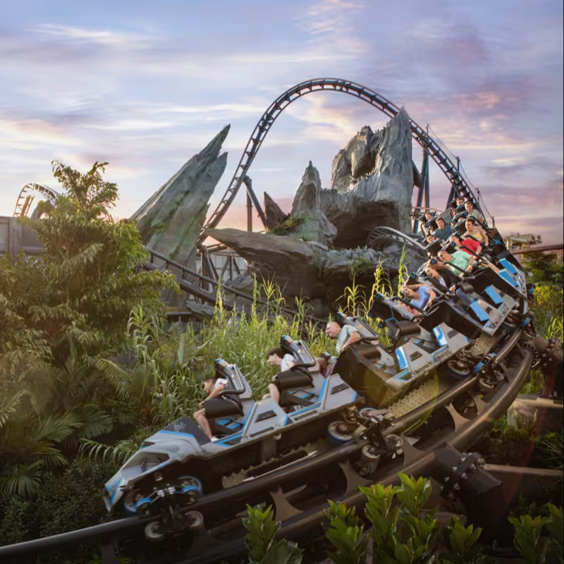 Jurassic World VelociCoaster at sunset — Universal Islands of Adventure in Orlando, Florida