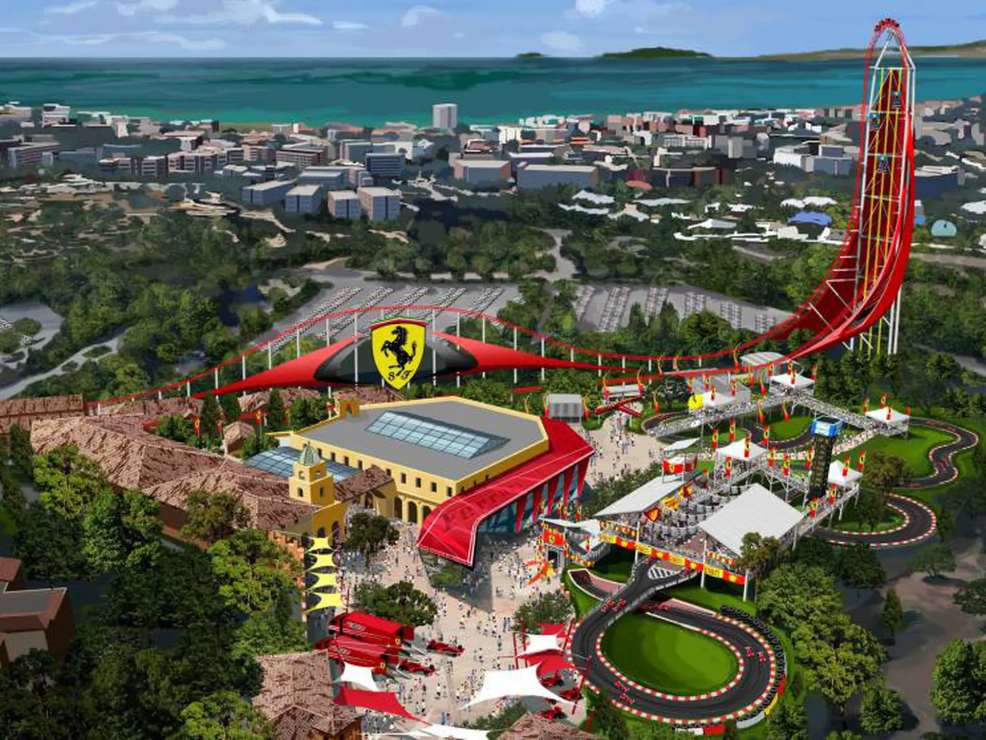 Aerial view of Ferrari Land with Red Force towering over the resort — PortAventura Park in Salou, Catalonia