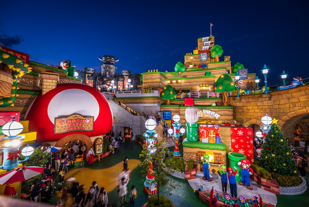 Super Nintendo World at night — Universal Studios Japan in Osaka