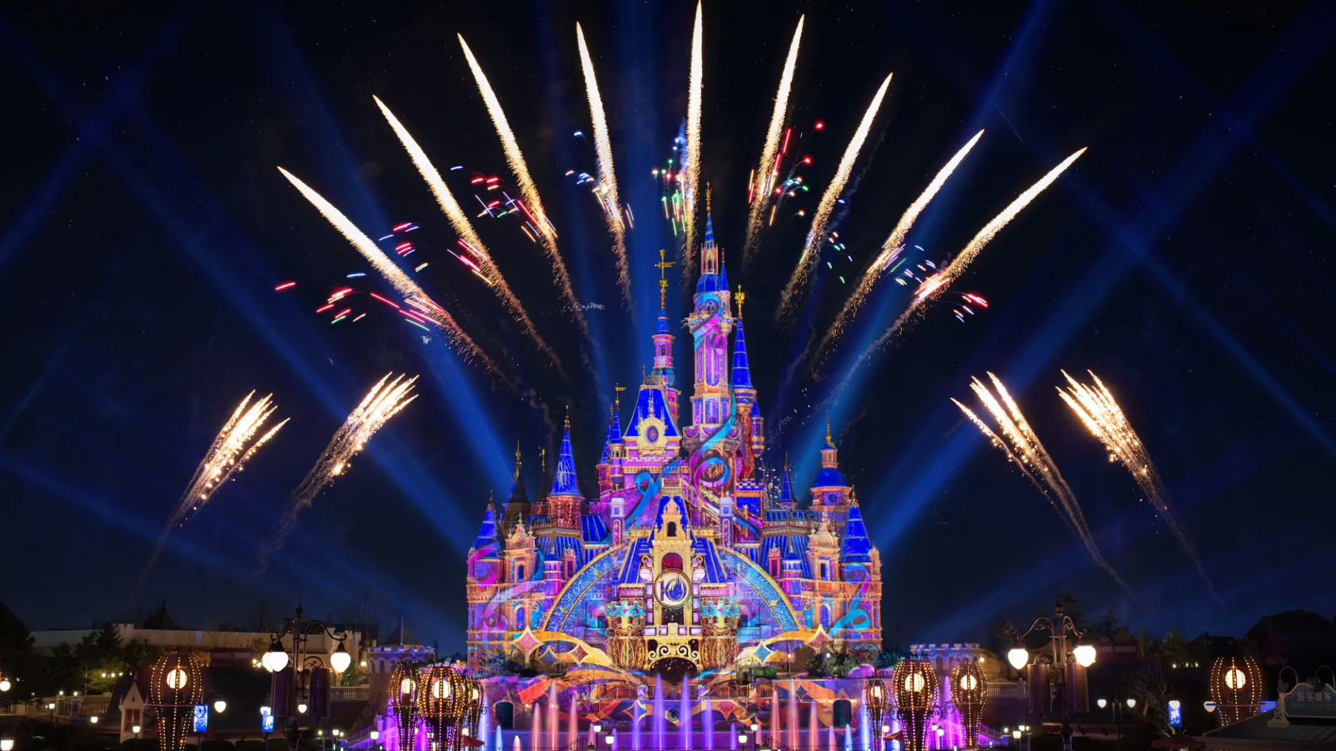 Enchanted Storybook Castle during the nighttime fireworks spectacular — Shanghai Disneyland in Shanghai