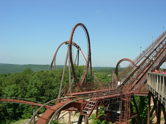 Wildfire looping above the Ozark treetops — Silver Dollar City in Branson, Missouri