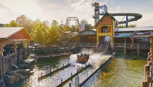 Mystic River Falls boat returning to the Expeditions dock — Silver Dollar City in Branson, Missouri