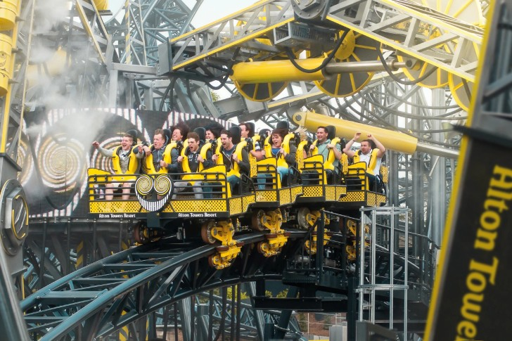 The Smiler racing through its tangle of yellow track — Alton Towers in Staffordshire, England