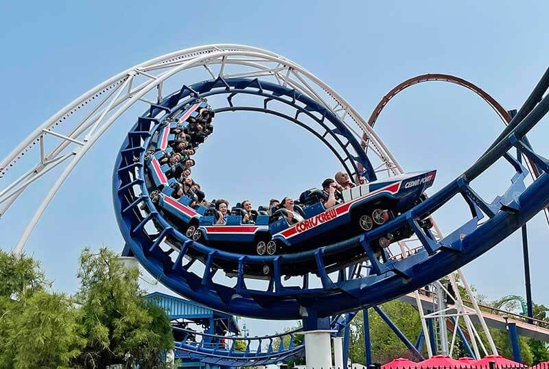 Corkscrew looping over the midway — Cedar Point in Sandusky, Ohio