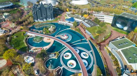 Aerial View of Futuroscope's Futuristic Pavilions