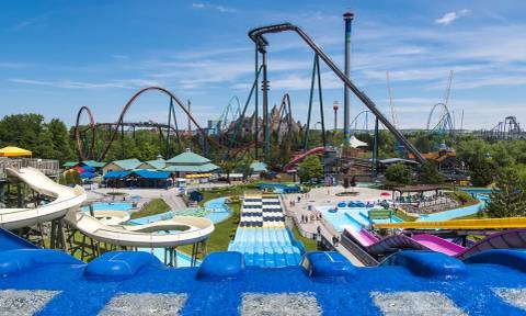 Yukon Striker Towering Over Splash Works Water Park — Canada's Wonderland in Vaughan, Ontario