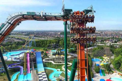 Yukon Striker Holding Riders on the Vertical Drop — Canada's Wonderland in Vaughan, Ontario