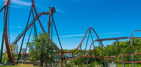 Yukon Striker Plunging Down Its Vertical Drop — Canada's Wonderland in Vaughan, Ontario