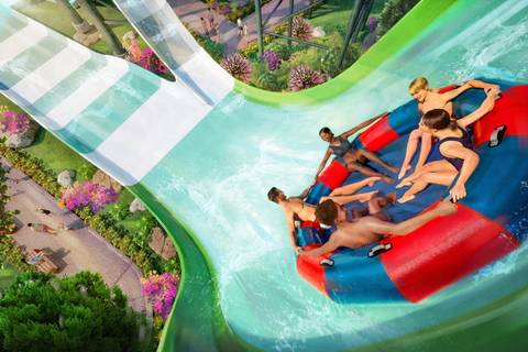 Raft Plunging Down Moosehorn Falls at Splash Works — Canada's Wonderland in Vaughan, Ontario