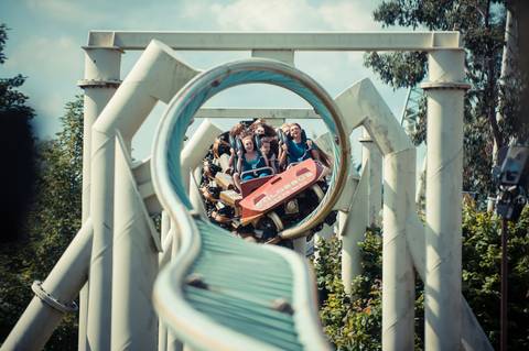 Heartline Rolls on the Colossus Roller Coaster — Thorpe Park in Chertsey, Surrey