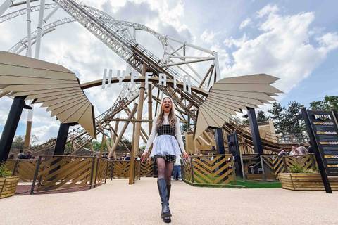 Golden Wings Entrance Portal to Hyperia Roller Coaster — Thorpe Park in Chertsey, Surrey