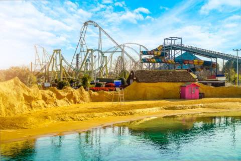 Stealth and Colossus Towering Over Amity Beach — Thorpe Park in Chertsey, Surrey