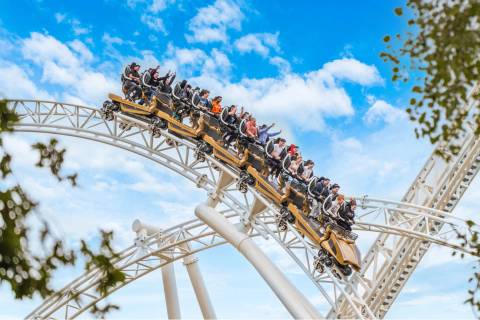 Riders on Hyperia Roller Coaster — Thorpe Park in Chertsey, Surrey