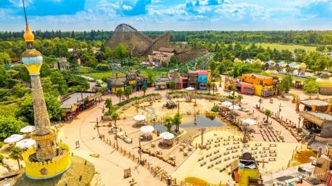 Aerial View of Port Laguna and Troy Coaster — Toverland in Sevenum, Limburg