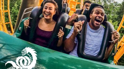 Riders on the Iconic Loch Ness Monster Roller Coaster — Busch Gardens Williamsburg in Williamsburg, Virginia