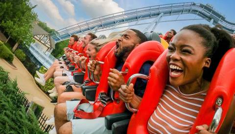 Riders Braving High Thrills on Tempesto — Busch Gardens Williamsburg in Williamsburg, Virginia