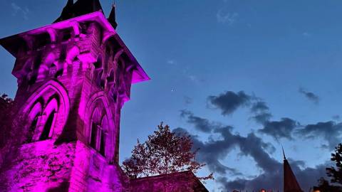 DarKoaster Gothic Tower Lit at Dusk — Busch Gardens Williamsburg in Williamsburg, Virginia
