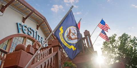 American Flags Outside Das Festhaus — Busch Gardens Williamsburg in Williamsburg, Virginia