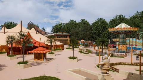 Colorful Themed Plaza and Rides at Parc Astérix