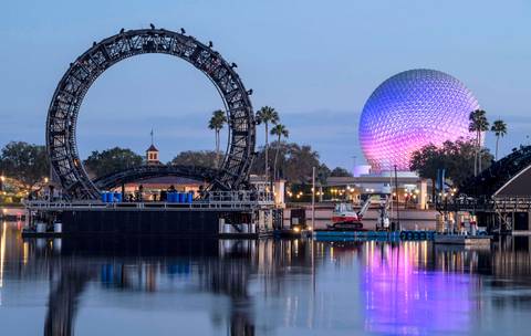 Harmonious Barges and Spaceship Earth Across World Showcase Lagoon — EPCOT in Bay Lake, Florida