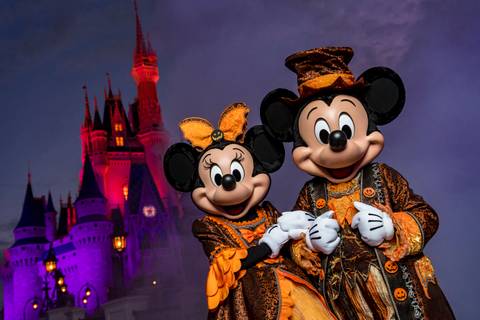 Mickey and Minnie in Halloween Attire at Cinderella Castle — Magic Kingdom in Bay Lake, Florida