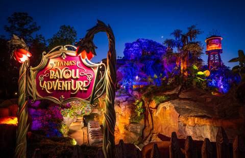 Vibrant Nighttime Illumination at Tiana's Bayou Adventure — Magic Kingdom in Bay Lake, Florida