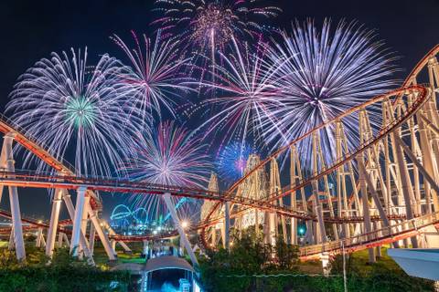 Nighttime Fireworks Bursting Over Steel Dragon 2000 — Nagashima Spa Land in Kuwana, Mie