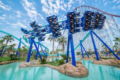 Acrobat Flying Coaster Soaring Over Water Lagoon — Nagashima Spa Land in Kuwana, Mie