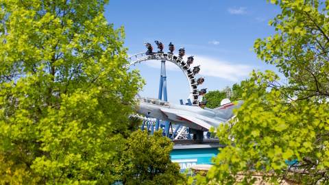 Riders Inverting on Blue Tornado Roller Coaster — Gardaland in Castelnuovo del Garda