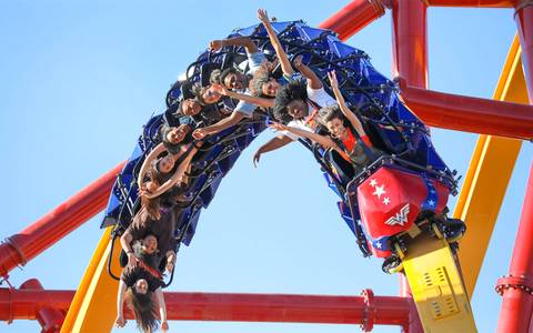 Riders Soaring on Wonder Woman Flight of Courage — Six Flags Magic Mountain in Valencia, California