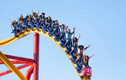 Riders Plunging on Wonder Woman Flight of Courage — Six Flags Magic Mountain in Valencia, California