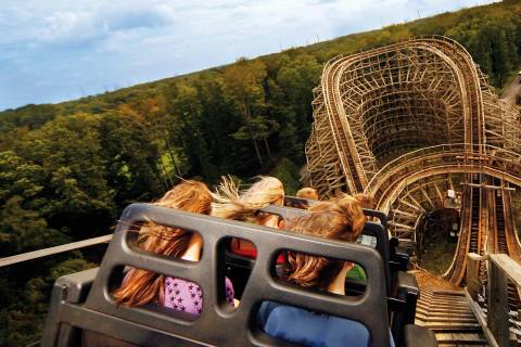 First Drop on The Bandit Wooden Coaster — Movie Park Germany in Bottrop