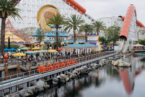 Incredicoaster Racing Across Pixar Pier Boardwalk — Disneyland Park in Anaheim, California