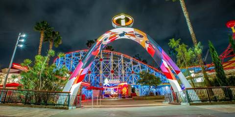 Illuminated Entrance Arch of the Incredicoaster at Night — Disneyland Park in Anaheim, California