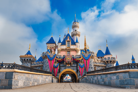 Sleeping Beauty Castle with 70th Anniversary Decorations — Disneyland Park in Anaheim, California