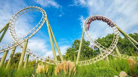 Train Inverting on Big Loop Roller Coaster — Heide Park Resort in Soltau, Lower Saxony