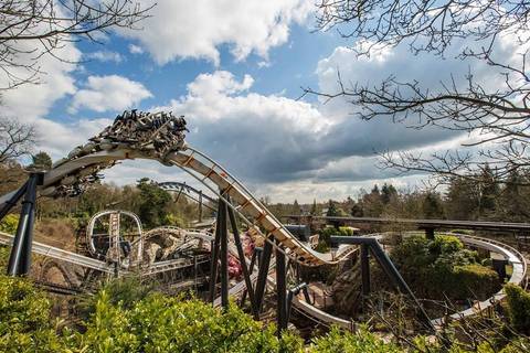 Nemesis Inverted Roller Coaster in Forbidden Valley — Alton Towers in Staffordshire, England