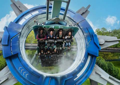 Riders Flying on Galactica Roller Coaster — Alton Towers in Staffordshire, England
