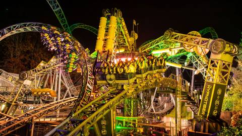 Riders Braving The Smiler at Night — Alton Towers in Staffordshire, England