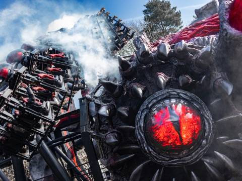 Nemesis Reborn Roller Coaster Passing the Alien Eye — Alton Towers in Staffordshire, England