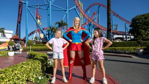 Supergirl Meet-and-Greet in Front of Superman Escape — Warner Bros. Movie World in Oxenford, Queensland