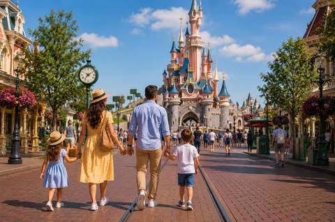 Strolling Down Main Street Toward Sleeping Beauty Castle — Disneyland Park (Paris) in Chessy, Marne-la-Vallée