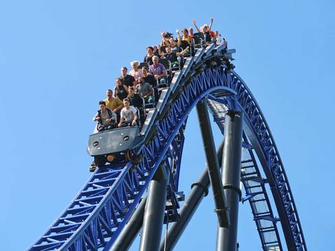 Riders Cresting the Drop on Goliath Coaster — Walibi Holland in Biddinghuizen, Flevoland
