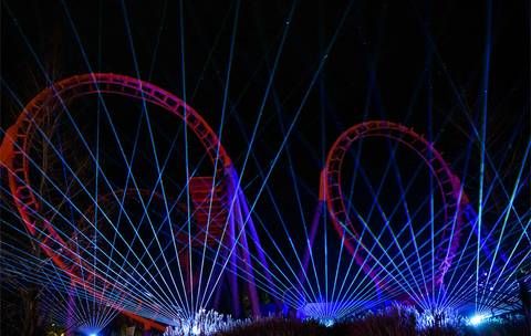 Speed of Sound Coaster Illuminated by Nighttime Lasers — Walibi Holland in Biddinghuizen, Flevoland
